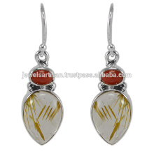 Lovely Rutilated Quartz And Coral Gemstone 925 Sterling Silver Earring Jewelry